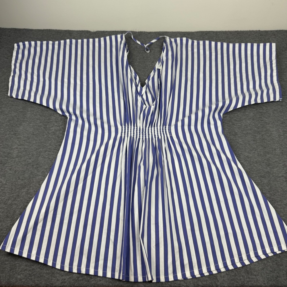 Onia Swim Cover Up Womens L Blue Whiteโ Striped Smocked Waist V-Neck Mini Dress